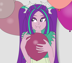 Size: 966x854 | Tagged: safe, artist:hakdurbin, derpibooru import, aria blaze, human, equestria girls, balloon, female, hug, scrunchy face, simple background, solo