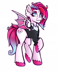 Size: 1638x2048 | Tagged: safe, artist:elusivepurple, derpibooru import, oc, oc only, oc:litchi, bat pony, pony, eye clipping through hair, eyebrows, eyebrows visible through hair, looking at you, not zipp storm, simple background, smiling, solo, spread wings, unshorn fetlocks, white background, wings