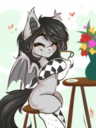 Size: 1200x1600 | Tagged: safe, artist:falafeljake, derpibooru import, oc, oc only, oc:boggy, bat, bat pony, pony, bat pony oc, belly, clothes, commission, eyes closed, female, food, hoof hold, leg fluff, mare, sitting, socks, solo, tea