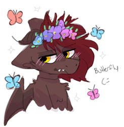 Size: 540x552 | Tagged: safe, artist:puppie, derpibooru import, oc, oc only, oc:whiskey dreams, butterfly, blushing, floral head wreath, flower, no source available, simple background, white background