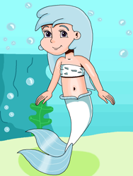 Size: 818x1087 | Tagged: safe, artist:ocean lover, derpibooru import, cotton cloudy, human, mermaid, background character, bandeau, bare shoulders, belly, belly button, boulder, bubble, child, cottonbetes, cute, fins, fish tail, happy, human coloration, humanized, long hair, looking up, mermaid tail, mermaidized, mermay, midriff, ms paint, ocean, purple eyes, sand, sleeveless, smiling, species swap, tail, tail fin, underwater, water