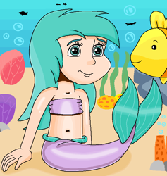 Size: 697x735 | Tagged: safe, artist:ocean lover, derpibooru import, fish, human, mermaid, aura (g4), aurabetes, background character, bandeau, bare shoulders, belly, belly button, boulder, bubble, child, coral, cute, fins, fish tail, human coloration, humanized, long hair, looking at each other, looking at someone, mermaid tail, mermaidized, mermay, midriff, ms paint, ocean, rock, sand, sleeveless, smiling, smiling at each other, species swap, sponge, tail, tail fin, teal eyes, underwater, water