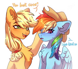 Size: 1280x1132 | Tagged: safe, artist:konejo, derpibooru import, applejack, rainbow dash, earth pony, pegasus, pony, accessory swap, appledash, applejack's hat, blushing, clothes, cowboy hat, cute, dashabetes, duo, duo female, female, hat, i'm not cute, jackabetes, lesbian, open mouth, open smile, shipping, simple background, smiling, sweat, sweatdrop, white background