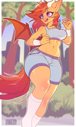 Size: 1487x2478 | Tagged: safe, artist:sparklyon3, derpibooru import, oc, anthro, bat pony, armband, bat pony oc, bat wings, belly button, city, clothes, ear fluff, ears, eyebrows, eyelashes, eyeliner, female, female oc, hips, horns, jogging, kneesocks, makeup, motion lines, nostrils, open mouth, outdoors, park, shorts, slit eyes, socks, solo, sports bra, sports outfit, sports shorts, spread wings, sweat, tail, thighs, tree, waist, wings