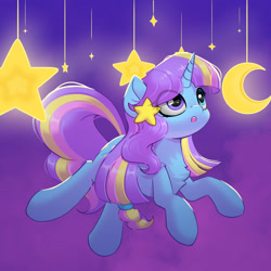 Size: 2000x2000 | Tagged: safe, artist:one4pony, derpibooru import, oc, oc only, oc:starbow cloudy, pony, unicorn, crescent moon, heterochromia, horn, moon, solo, stars, unicorn oc