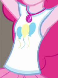 Size: 249x335 | Tagged: safe, derpibooru import, screencap, pinkie pie, better together, equestria girls, fluttershy's butterflies, armpits, boobshot, breasts, clothes, cropped, cutie mark on clothes, female, geode of sugar bombs, jewelry, magical geodes, necklace, pictures of chests, rah rah skirt, skirt, solo, tanktop