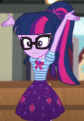 Size: 241x346 | Tagged: safe, derpibooru import, screencap, sci-twi, twilight sparkle, equestria girls, equestria girls series, holidays unwrapped, spoiler:eqg series (season 2), armpits, arms in the air, bowtie, clothes, cutie mark on clothes, geode of telekinesis, glasses, hands in the air, jewelry, magical geodes, pendant, pockets, polo shirt, ponytail, skirt, solo, the cider louse fools
