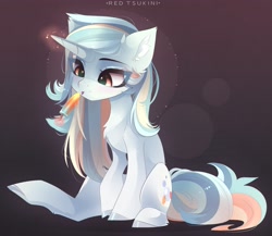 Size: 2449x2130 | Tagged: safe, artist:red_tsukini, derpibooru import, oc, oc only, oc:sea sprint, pony, unicorn, chest fluff, concave belly, cute, ear fluff, ears, eye clipping through hair, female, food, hair over one eye, horn, leg fluff, long mane, magic, mare, ocbetes, popsicle, sitting, slim, solo, thin, tongue, tongue out, unicorn oc