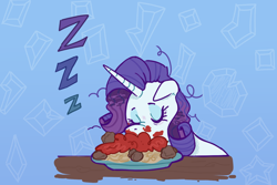 Size: 1500x1000 | Tagged: safe, artist:mokeonn, derpibooru import, rarity, pony, unicorn, eating, food, meat, meatball, messy eating, messy mane, onomatopoeia, pasta, ponies eating meat, sleeping, snoring, solo, sound effects, spaghetti, tired, zzz