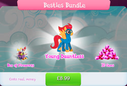 Size: 1268x857 | Tagged: safe, derpibooru import, pegasus, pony, aviator goggles, bundle, clothing damage, costs real money, dauntless, engrish, fireworks, gameloft, gem, goggles, male, mobile game, my little pony: magic princess, numbers, official, sale, solo, spread wings, stallion, text, wings, young dauntless