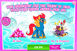 Size: 1960x1297 | Tagged: safe, derpibooru import, pegasus, pony, advertisement, aviator goggles, clothing damage, costs real money, dauntless, engrish, fireworks, gameloft, gem, goggles, male, mobile game, my little pony: magic princess, numbers, official, sale, solo, spread wings, stallion, text, wings, young dauntless