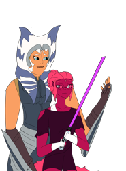 Size: 2252x3048 | Tagged: safe, artist:icicle-wicicle-1517, artist:moondrawzlv, color edit, derpibooru import, edit, oc, oc:venus red heart, alien, human, collaboration, ahsoka tano, armor, blushing, bracer, clothes, colored, crossover, crossover shipping, duo, elf ears, female, fingerless gloves, glasses, gloves, humanized, humanized oc, lesbian, lightsaber, robe, shipping, shorts, simple background, size difference, star wars, tail, tailed humanization, togruta, transparent background, weapon