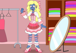 Size: 4428x3120 | Tagged: safe, artist:eagc7, derpibooru import, oc, oc only, oc:azure/sapphire, equestria girls, clothes, commission, crossdressing, dress, femboy, happy, male, mirror, solo