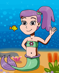 Size: 508x622 | Tagged: safe, artist:ocean lover, derpibooru import, lily pad (equestria girls), fish, human, mermaid, adorable face, bandeau, bare shoulders, bashful, bikini, bikini top, bubble, child, clothes, coral, cute, cute face, female, fish tail, flower, hand behind back, innocent, looking at you, mermaid tail, mermaidized, mermay, midriff, ms paint, ocean, ponytail, purple eyes, purple hair, rock, sand, sleeveless, smiling, smiling at you, species swap, sponge, swimsuit, tail, underwater, water, waving, waving at you