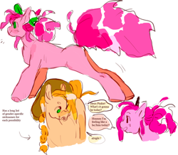 Size: 1280x1117 | Tagged: safe, artist:hoofpeet, derpibooru import, applejack, pinkie pie, earth pony, pony, cap, hat, ponytail, simple background, speech bubble, talking, white background