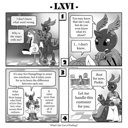 Size: 1200x1200 | Tagged: safe, artist:vavacung, derpibooru import, pinkie pie, queen chrysalis, changeling, earth pony, insect, moth, pony, comic:out of chrysalis, apron, bowtie, clothes, comic, female, naked apron, nudity, partial nudity, pinkamena diane pie, species swap