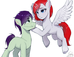 Size: 2310x1800 | Tagged: safe, artist:xiaowu07, derpibooru import, oc, oc only, earth pony, pegasus, pony, duo, female, looking at each other, looking at someone, male, mare, scar, shipping, signature, simple background, stallion, straight, white background