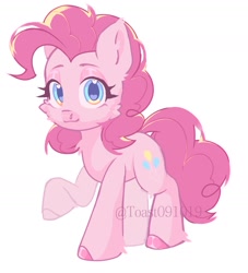 Size: 1299x1432 | Tagged: safe, artist:toast091019, derpibooru import, pinkie pie, earth pony, pony, colored hooves, eyelashes, female, looking at you, raised hoof, raised leg, simple background, smiling, smiling at you, solo, white background