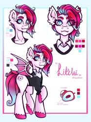 Size: 899x1199 | Tagged: safe, artist:elusivepurple, derpibooru import, oc, oc only, oc:litchi, anthro, bat pony, pony, bust, clothes, eye clipping through hair, eyebrows, eyebrows visible through hair, fangs, looking at you, not zipp storm, reference sheet, shirt, simple background, smiling, solo, spread wings, suit, unshorn fetlocks, white background, wings