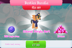 Size: 1268x857 | Tagged: safe, derpibooru import, pegasus, pony, bundle, clothes, colonel purple dart, costs real money, english, facial hair, gameloft, gem, hat, magic coins, male, mobile game, moustache, my little pony: magic princess, numbers, official, sale, solo, spread wings, stallion, text, wings