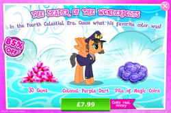 Size: 1961x1302 | Tagged: safe, derpibooru import, pegasus, pony, advertisement, clothes, colonel purple dart, costs real money, english, facial hair, gameloft, gem, hat, magic coins, male, mobile game, moustache, my little pony: magic princess, numbers, official, sale, solo, spread wings, stallion, text, wings