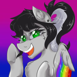 Size: 512x512 | Tagged: safe, artist:dankpegasista, derpibooru exclusive, derpibooru import, oc, oc only, oc:lunar dash, pegasus, pony, bangs, big smile, bisexual pride flag, black and white mane, black hair, bust, chest fluff, colored lineart, colored pupils, colored wings, cross, cute, ear fluff, ear piercing, ears, face to face, feathered wings, female, folded wings, gradient background, gray coat, green eyes, halfbody, happy, heart, heart eyes, highlights, inverted cross, long eyelashes, looking at you, mare, messy hair, messy mane, monochrome, multicolored wings, nostrils, ocbetes, one eye closed, open mouth, pegasus oc, piercing, ponytail, portrait, pride, pride flag, rainbow wings, raised hoof, raised leg, shading, simple background, solo, sparkles, tattoo, teeth, underhoof, wall of tags, waving, waving at you, white hair, wide smile, wingding eyes, wings