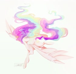 Size: 2153x2084 | Tagged: safe, artist:mindlessnik, derpibooru import, princess celestia, alicorn, pony, ethereal mane, eyes closed, female, flowing mane, gradient background, horn, large wings, long horn, majestic, mare, missing accessory, signature, solo, spread wings, wings