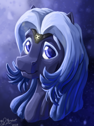 Size: 3000x4000 | Tagged: safe, artist:stardustspix, oc, oc only, oc:kyanite arc, pegasus, pony, :3, abstract background, blue coat, blue eyes, blue mane, bust, colored eyebrows, colored eyelashes, eyebrows visible through hair, glowing, glyph, gradient mane, high res, lineless, male, pegasus oc, portrait, solo, stallion, sternocleidomastoid