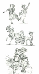 Size: 850x1600 | Tagged: safe, artist:baron engel, derpibooru import, apple bloom, rarity, oc, oc:stone mane (baron engel), earth pony, pony, unicorn, colt, dancing, female, filly, foal, male, mare, pencil drawing, simple background, traditional art, white background