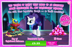 Size: 1964x1302 | Tagged: safe, derpibooru import, rarity, pony, unicorn, advertisement, alternate hairstyle, alternate timeline, book, bush, clothes, costs real money, english, female, gameloft, gem, horn, hourglass, key of unfettered entrance, mare, mobile game, my little pony: magic princess, night maid rarity, nightmare takeover timeline, numbers, official, sale, solo, text