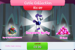 Size: 1270x857 | Tagged: safe, derpibooru import, rarity, pony, unicorn, alternate hairstyle, alternate timeline, book, bundle, bush, clothes, costs real money, english, female, gameloft, gem, horn, hourglass, key of unfettered entrance, mare, mobile game, my little pony: magic princess, night maid rarity, nightmare takeover timeline, numbers, official, sale, solo, text