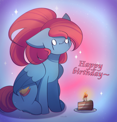 Size: 2400x2500 | Tagged: safe, artist:miryelis, derpibooru import, oc, oc only, oc:rainven wep, pegasus, pony, cake, candle, crying, food, gradient background, happy birthday, long hair, sitting, smiling, solo, sparkles