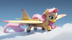 Size: 1456x816 | Tagged: safe, ai content, derpibooru import, machine learning generated, fluttershy, original species, plane pony, pony, cloud, flutterplane, not salmon, on a cloud, plane, solo, wat, wheel