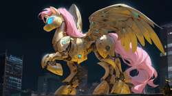 Size: 1820x1020 | Tagged: safe, ai content, derpibooru import, machine learning generated, fluttershy, pegasus, pony, robot, robot pony, city, concave belly, female, flutterbot, giant pony, macro, mare, night, night sky, outdoors, raised hoof, raised leg, roboticization, side view, sky, slim, solo, spread wings, standing, thin, wings