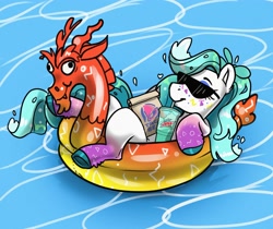 Size: 3344x2807 | Tagged: safe, artist:opalacorn, derpibooru import, discord, oc, oc only, earth pony, pony, commission, drink, drinking, drinking straw, female, floaty, high res, inner tube, lying down, mare, mountain dew, mountain dew baja blast, on back, pool toy, solo, sunglasses, taco bell, water, ych result