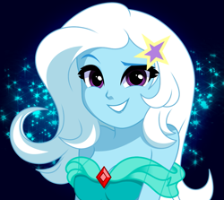 Size: 945x843 | Tagged: safe, artist:rosemile mulberry, derpibooru import, trixie, human, equestria girls, breasts, broach, clothes, detailed eyes, dress, eyebrows, female, hairpin, looking at you, raised eyebrow, smiling, smiling at you, solo, stars, titsie, updated design