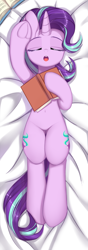 Size: 1700x4818 | Tagged: safe, artist:wkirin, derpibooru import, starlight glimmer, pony, unicorn, body pillow, book, eyes closed, female, frog (hoof), high res, mare, open mouth, solo, underhoof