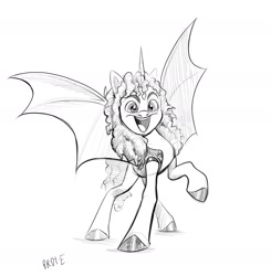 Size: 1918x1956 | Tagged: safe, artist:brdte, derpibooru import, alicorn, bat pony, bat pony alicorn, pony, bat wings, clothes, facial hair, grayscale, horn, kirk hammett, looking at you, metallica, monochrome, moustache, open mouth, open smile, ponified, raised hoof, raised leg, simple background, smiling, smiling at you, solo, species swap, spread wings, vest, white background, wings