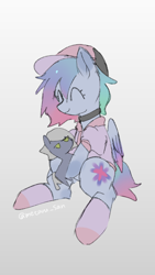 Size: 1080x1920 | Tagged: safe, artist:metaruscarlet, derpibooru import, oc, oc only, oc:galaxy (pegasus), pegasus, pony, cap, choker, clothes, cute, eyes closed, female, hat, ocbetes, pegasus oc, plushie, short hair, signature, simple background, smiling, socks, solo