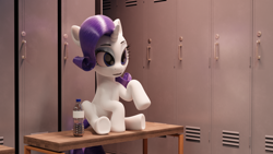 Size: 3840x2160 | Tagged: safe, anonymous artist, derpibooru import, rarity, pony, unicorn, 3d, 3d model, locker room, render, solo, water bottle