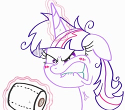 Size: 1020x896 | Tagged: safe, derpibooru import, twilight sparkle, twilight sparkle (alicorn), alicorn, blushing, frown, implied pooping, magic, paper towels, simple background, teeth, telekinesis, vein bulge, white background