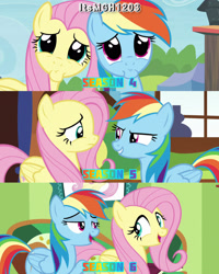Size: 2458x3072 | Tagged: safe, derpibooru import, edit, edited screencap, editor:itsmgh1203, screencap, fluttershy, rainbow dash, pegasus, pony, flutter brutter, season 4, season 5, season 6, tanks for the memories, trade ya, cute, daaaaaaaaaaaw, dashabetes, duo, duo female, female, fluttershy's cottage, frown, hnnng, open mouth, open smile, shyabetes, singing, smiling, text, weapons-grade cute