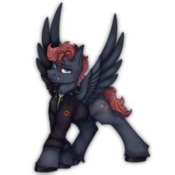 Size: 2300x2300 | Tagged: safe, artist:molars, derpibooru import, oc, oc:dumpster fire, pony, fallout equestria, ashes town, blue eyes, brand, branding, clothes, commission, dashite, dashite brand, feather, full body, greaser, jacket, leather, leather jacket, looking at you, patch, scar, shading, simple background, smiling, smug, solo, spread wings, transparent background, unshorn fetlocks, wings