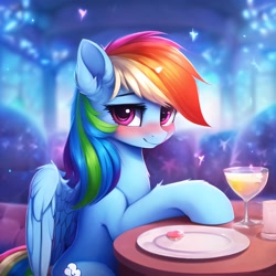 Size: 2560x2560 | Tagged: safe, ai content, derpibooru import, generator:novelai, generator:stable diffusion, machine learning generated, rainbow dash, pegasus, pony, abstract background, blushing, cute, drink, female, food, high res, looking at you, mare, prompter:endless--, sitting, smiling, smiling at you, solo, spread wings, table, tail, wings