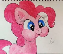 Size: 1496x1285 | Tagged: safe, artist:engi, derpibooru import, pinkie pie, earth pony, pony, cheek bulge, cute, diapinkes, eyelashes, female, missing cutie mark, photo, ponk, puffy cheeks, signature, simple background, solo, traditional art, watercolor painting