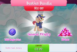 Size: 1268x857 | Tagged: safe, derpibooru import, pegasus, pony, bundle, clothes, costs real money, english, gameloft, gem, general firefly, hat, magic coins, male, mobile game, my little pony: magic princess, numbers, official, sale, sideburns, solo, spread wings, stallion, text, wings