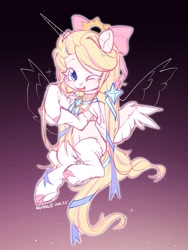 Size: 1080x1440 | Tagged: safe, artist:toast091019, derpibooru import, oc, oc only, pegasus, pony, bow, gradient background, hair bow, one eye closed, pegasus oc, ribbon, smiling, solo, spread wings, wings, wink