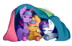 Size: 500x323 | Tagged: safe, artist:onionpwder, derpibooru import, applejack, rarity, twilight sparkle, pony, blanket, chocolate, cute, food, hot chocolate, jackabetes, raribetes, simple background, transparent background, trio, twiabetes