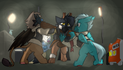 Size: 3500x2000 | Tagged: safe, artist:captainhoers, artist:stormwing, derpibooru import, oc, oc:coldstream, oc:gordon, oc:gráinne ní bhroin, griffon, hybrid, amputee, bandage, bed, body armor, clothes, coat, colored, cybernetic arm, cybernetic wings, deergriff, female, male, medic, meergriff, nighthaze, prosthetics, tent, wings