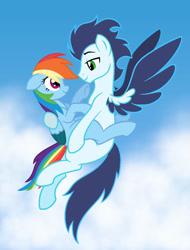 Size: 780x1024 | Tagged: safe, artist:soarindash8, derpibooru import, rainbow dash, soarin', pegasus, pony, base used, female, flying, looking at each other, looking at someone, male, mare, shipping, sky, smiling, smiling at each other, soarindash, stallion, straight